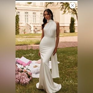 White satin halter beck maxi dress with draped back detail